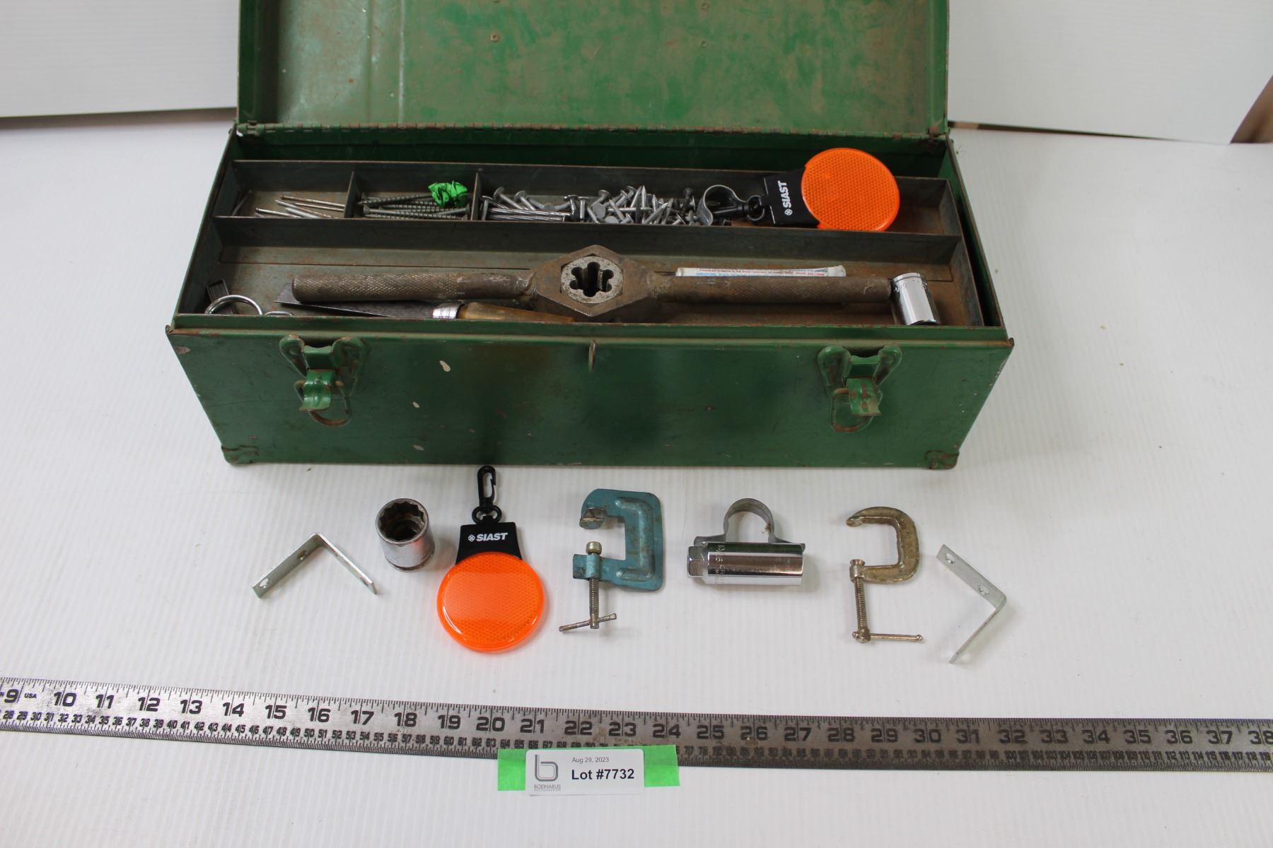 Green Tool Box with Assortment of Hardware