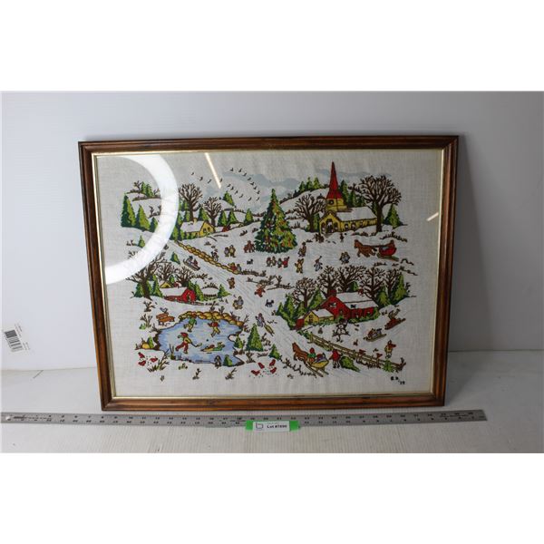 Framed Embroidery Art of a Christmas Town - 19 1/2" x 25 1/2"