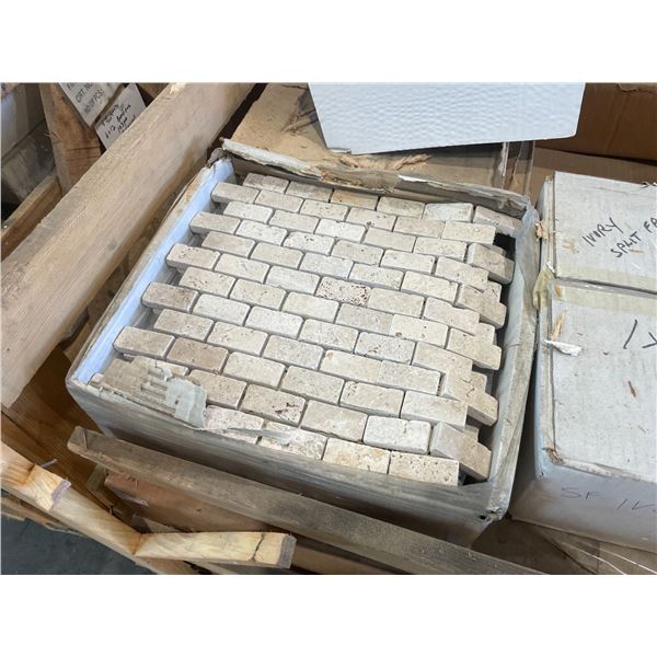 PALLET CRATE OF ASSORTED SIZES OF IVORY SPLIT FACE & IVORY FLAT MOSAIC TILE