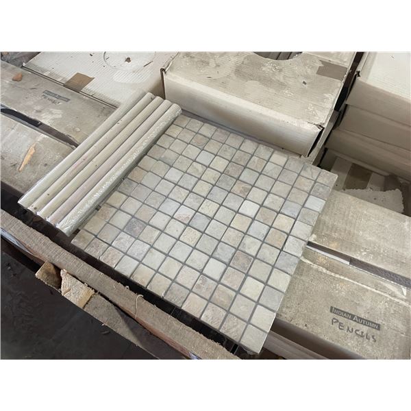 PALLET CRATE OF ASSORTED AUTUMN 12 X 12 NATURAL STONE MOSAIC SHEET TILES & BOXES OF AUTUMN PENCIL