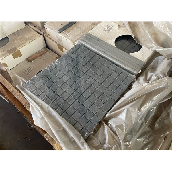 PALLET CRATE OF ASSORTED LIME BLACK 12 X 12 NATURAL STONE MOSAIC SHEET TILES & BOXES OF LIME BLACK