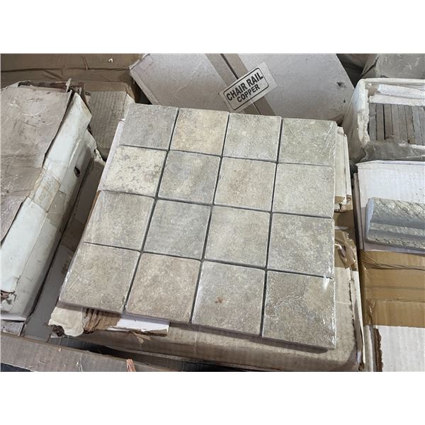 PALLET CRATE OF ASSORTED REGAL BEIGE 12 X 12 NATURAL STONE MOSAIC SHEET TILES, COPPER CHAIR RAIL