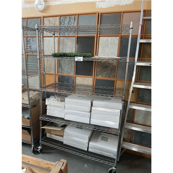 5 TIER CHROME 48 W X 18 D X 76 H METRO STYLE COMMERCIAL SHELF WITH ASSORTED BOXES OF GLASS MOSAIC