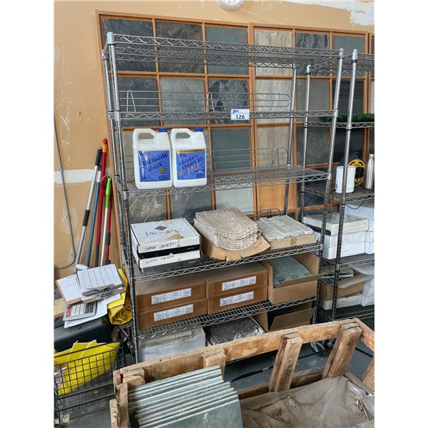 5 TIER CHROME 48"W X 18"D X 76"H METRO STYLE COMMERCIAL SHELF WITH ASSORTED BOXES OF GLASS MOSAIC