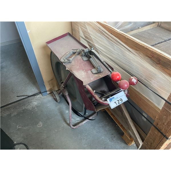 RED INDUSTRIAL MOBILE BANDING CART WITH ASSORTED BANDING TOOLS