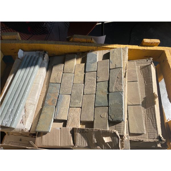 CRATE OF ASSORTED MOSAIC 12 X 12, NATURAL STONE & BOXES OF EDGING NATURAL STONE PENCIL TILES