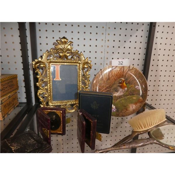 antique hair brush & mirror, decorative plate,
