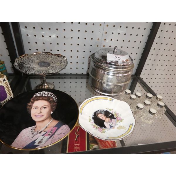 decorative plates, ice bucket, display stand