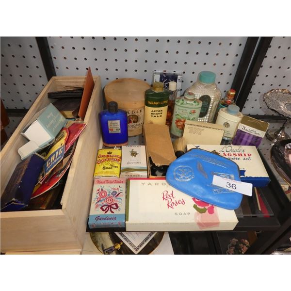 vintage toiletries, jewelery, clock