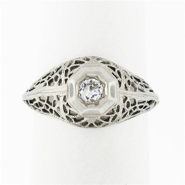 Antique Art Deco 18K White Gold Old European Diamond w/ Domed Filigree Work Ring