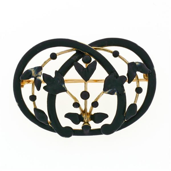 Antique Art Nouveau 14K Gold Matte Black Enamel Flower Leaf Open Work Brooch Pin