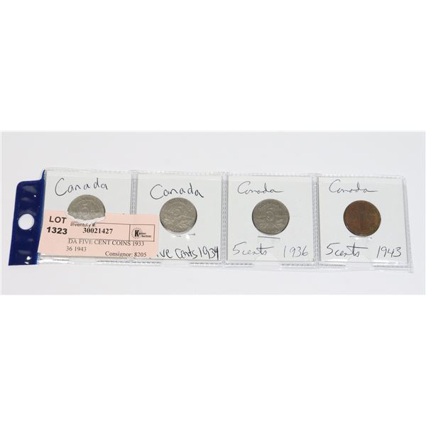 4 CANADA FIVE CENT COINS 1933 1934 1936 1943