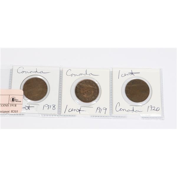 3 CANADA ONE CENT COINS 1918 1919 1920