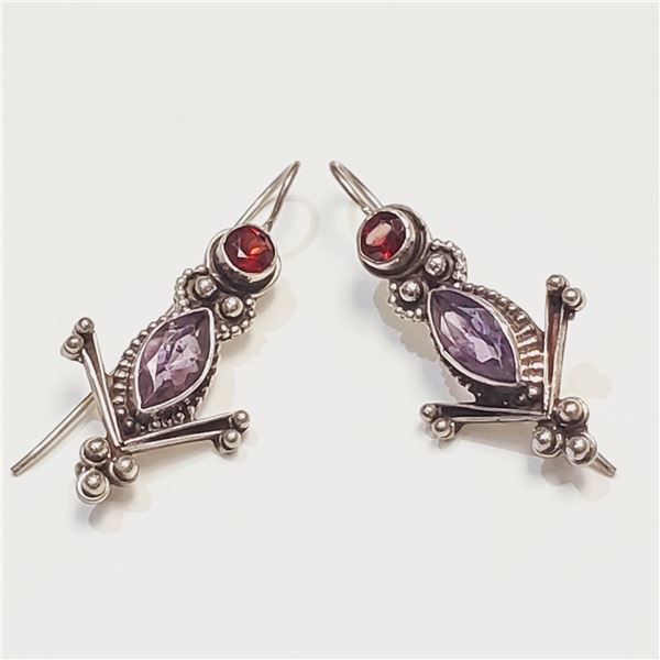 SILVER AMETHYST GARNET EARRINGS (~WEIGHT 8.52G)