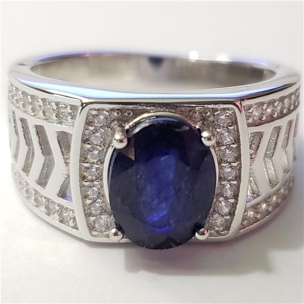 SILVER RHODIUM PLATED SAPPHIRE(3CT) RING (~SIZE 8)