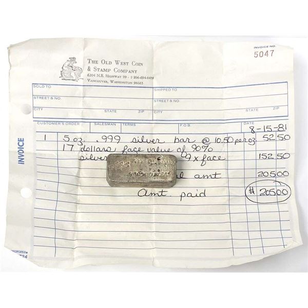 1981 Vintage Rare 5 ozt .999 Silver Bar