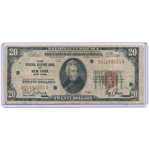 1929 The Federal Reserve Bank Of New York, New York $20 Note VG
