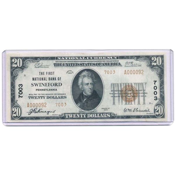 Low Serial 1929 The First National Bank Of Swineford Pennsylvania $20 Note XF