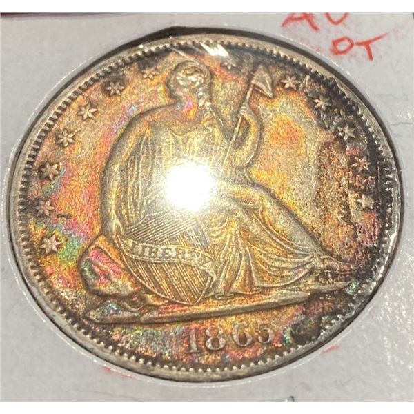Toned Obv. 1865-S Seated Liberty Silver Half Dollar AU Details