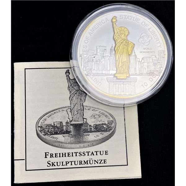 2006 Cook Island $10 Statue Of Liberty .999 Silver W/ 24k Gold Plated Statue