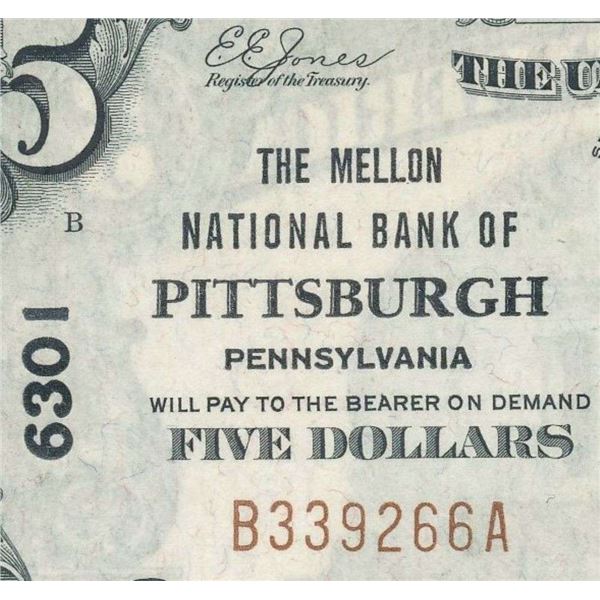 1929 The Mellon National Bank Of Pittsburgh Pennsylvania $5 Note CU