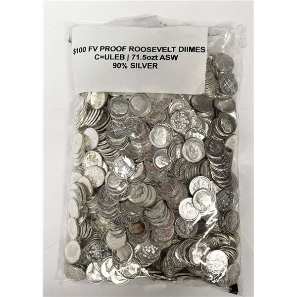 Proof 90% Silver Roosevelt Dimes $100 Face (1,000-coins)