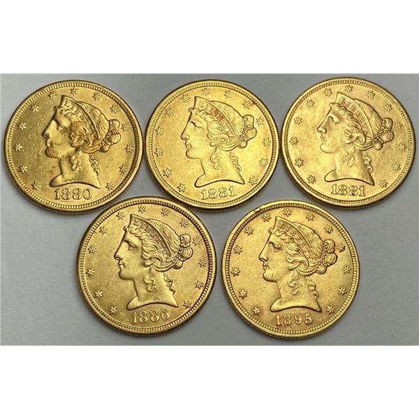 Last Minute! (5) 1880-1895 Gold $5 Liberty Head AU58