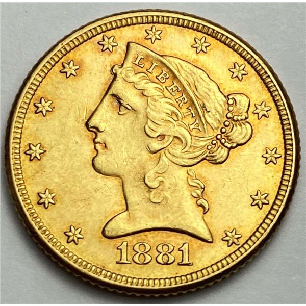 Last Minute! 1881 Gold $5 Liberty Head MS62