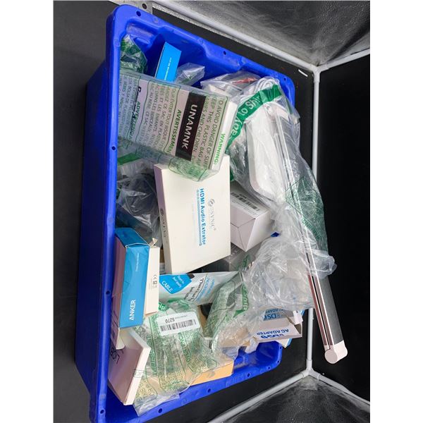 Blue tote with $250 retail value of NEW electronics & gadgets