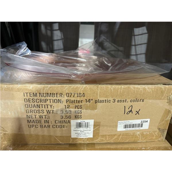 CASE LOT - Platters 14" Plastic 3 assorted Colors lot of 12