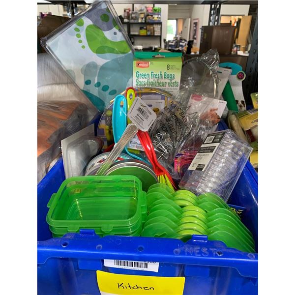 Blue Stacker Tote of assorted Kitchen Supplies