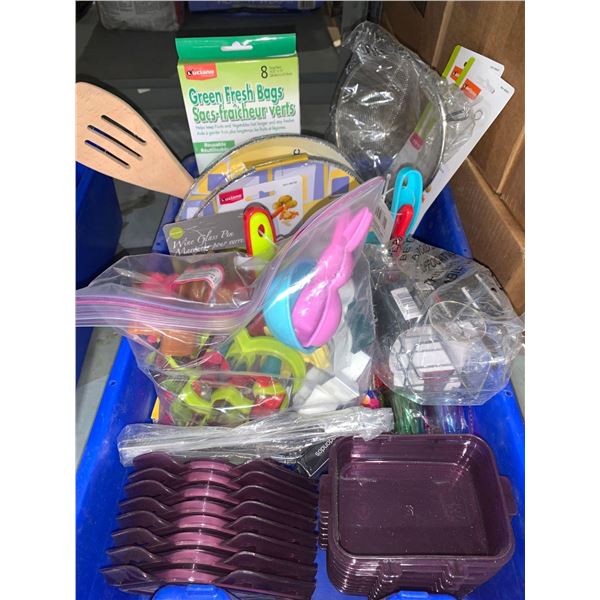 Blue Stacker Tote of assorted Kitchen Supplies
