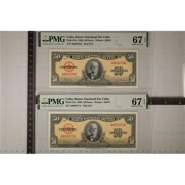 2-1950 BANK OF CUBA 50 PESO BILLS BOTH PMG 67