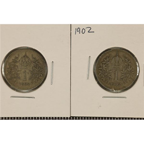 1894 & 1902 HUNGARY SILVER 1 KORONA COINS