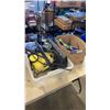 Image 1 : BOX  AND BIN OF CLAMPS, HEAT GUN, POWER WASHER AND SOCKETS WITH 2 JERRY CANS