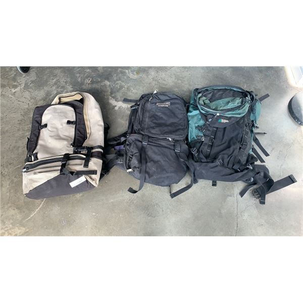 3 HIKING BACKPACKS LICHFIELD VOYAGER 80+, MOUNTAIN EQUIPMENT CO-OP AND KATHMANDU, DLX TRAVELLERS