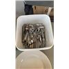 Image 8 : CRATE OF DISHES AND TUB OF FORKS