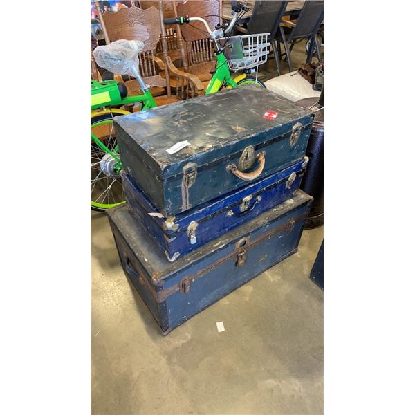 3 METAL STORAGE TRUNKS LARGE ONE WITH CONTENTS INCLUDED