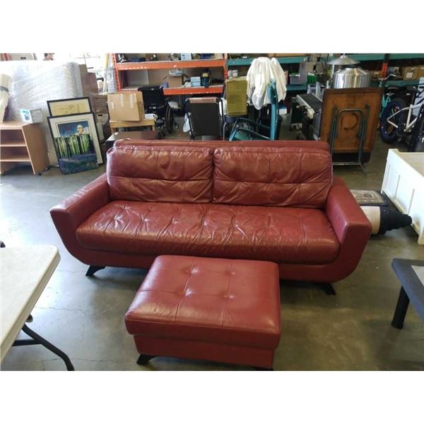 RED LEATHER COUCH AND OTTOMAN