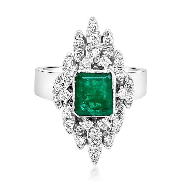 14K White Gold Natural Emerald and Diamond Ring