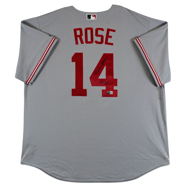 Reds Pete Rose "4256" Signed Grey Majestic Cool Base Jersey BECKETT