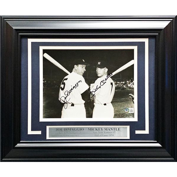 JOE DIMAGGIO AND MICKEY MANTLE DUAL SIGNED CUSTOM FRAMED DISPLAY (BECKETT COA)