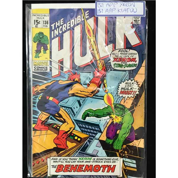 MARVEL COMICS NO.136 THE INCREDIBLE HULK (1ST APP OF XERON AND KIATUU)