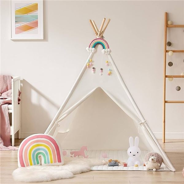 Lot of 1 Kids Teepee Tent - With Mat & Rainbow Wall Hanging Decoration