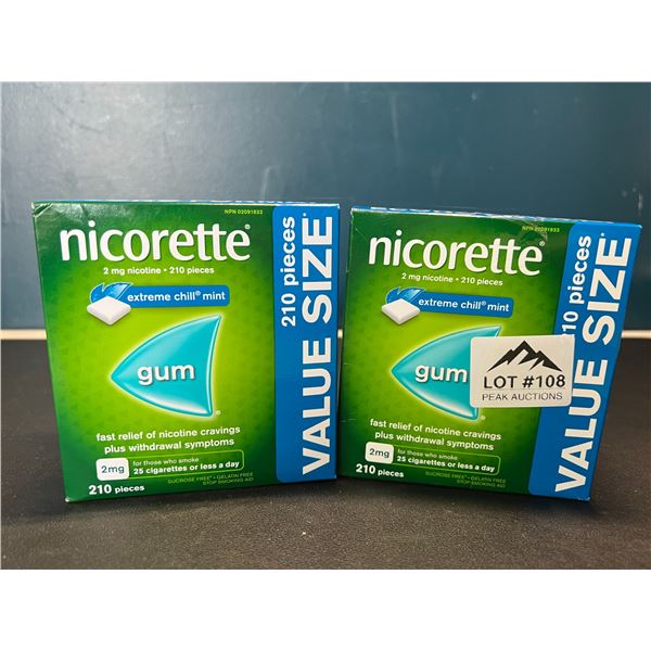 Lot of 2 Boxes of Nicorette Gum; Quit Smoking Aid - Value Size Boxes; 210 PCS per box! Extreme Mint