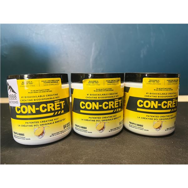 Lot of 3 Con-Cret Creatine HCI Powders/Workout Supplements - Pineapple