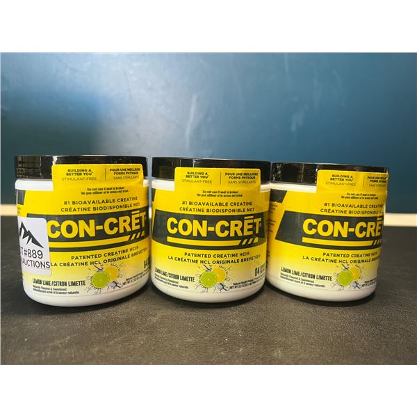 Lot of 3 Con-Cret Creatine HCI Powders/Workout Supplements - Lemon Lime