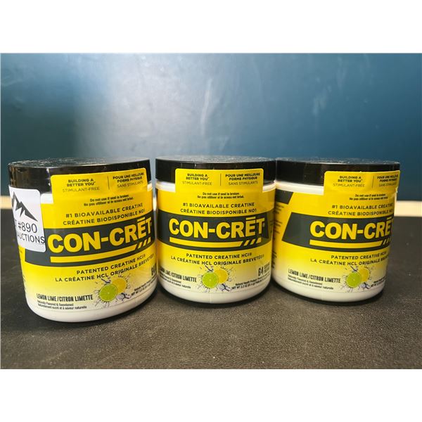 Lot of 3 Con-Cret Creatine HCI Powders/Workout Supplements - Lemon Lime