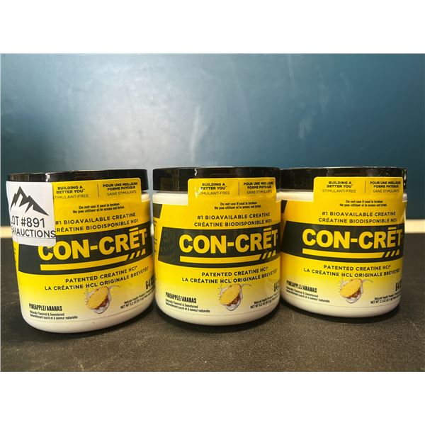 Lot of 3 Con-Cret Creatine HCI Powders/Workout Supplements - Pineapple