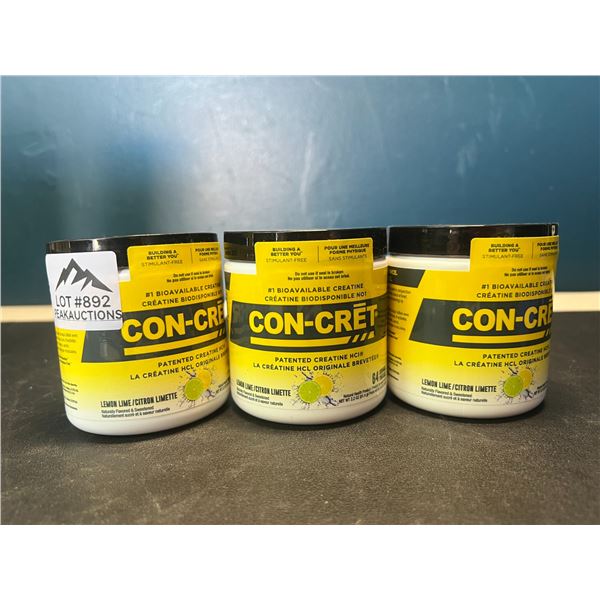 Lot of 3 Con-Cret Creatine HCI Powders/Workout Supplements - Lemon Lime